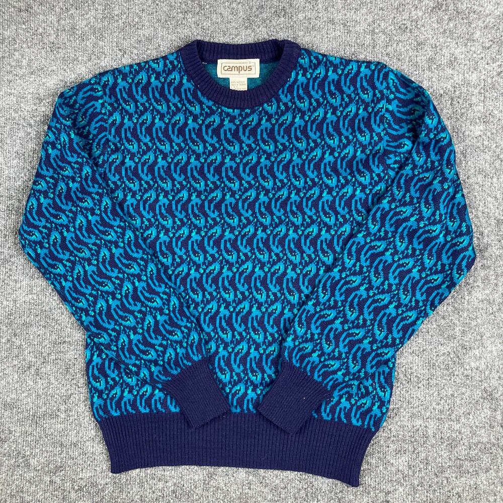 Campus Sweater Womens Size S Blue Navy Pattern Knit Vintage Retro 80s Style‎